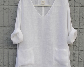 Linen Sheer V-Neck Top  , Linen Gauze Top , Linen Tunic , Oversized Tunic , Beach Tunic , Summer Vacation Outfit , Loose Tunic one size