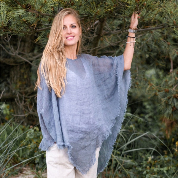 Linen poncho dusty blue linen top , sheer poncho , natural linen gauze poncho , one size linen shirt , over sized blouse gauze linen