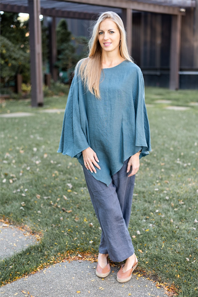 Linen Poncho, Linen Wrap, One Size, Linen Clothing, Fall Linen Apparel Ocean Green