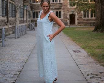 Linen Maxi Dress , linen cami dress minimalist , white linen dress sleeveless summer , Dusty blue dress nude infinity coktail dress toga