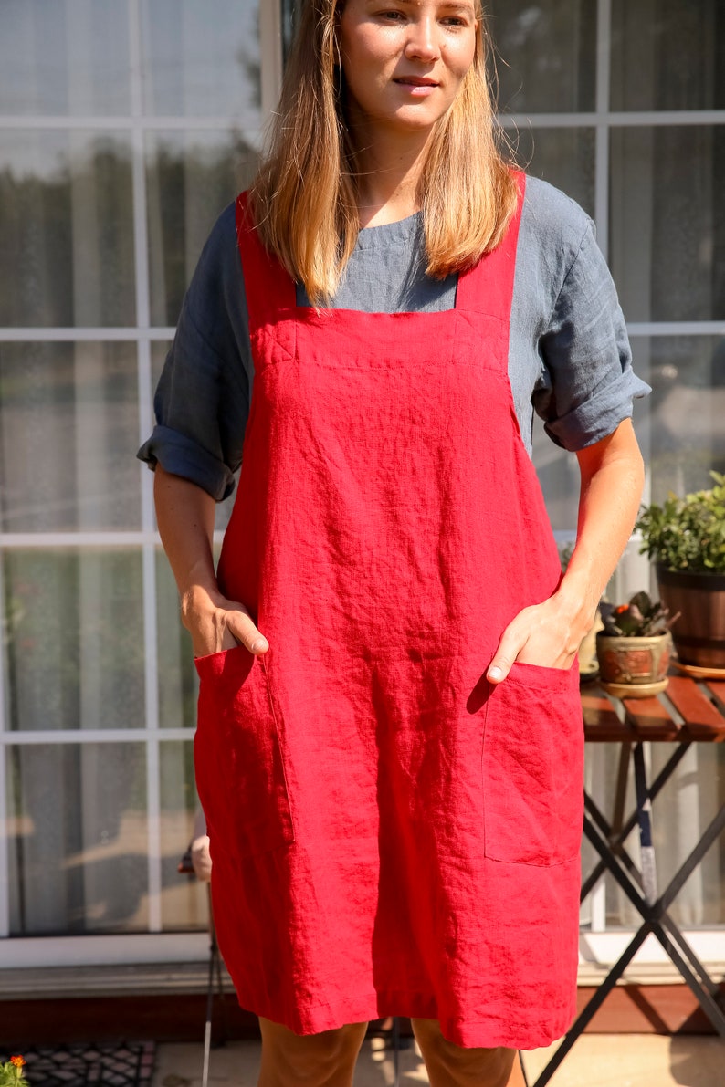 Linen apron , plus size pinafore linen pinafore apron garden gifts for mom , washed linen plus size pinafore dress , magic kitchen linen image 2