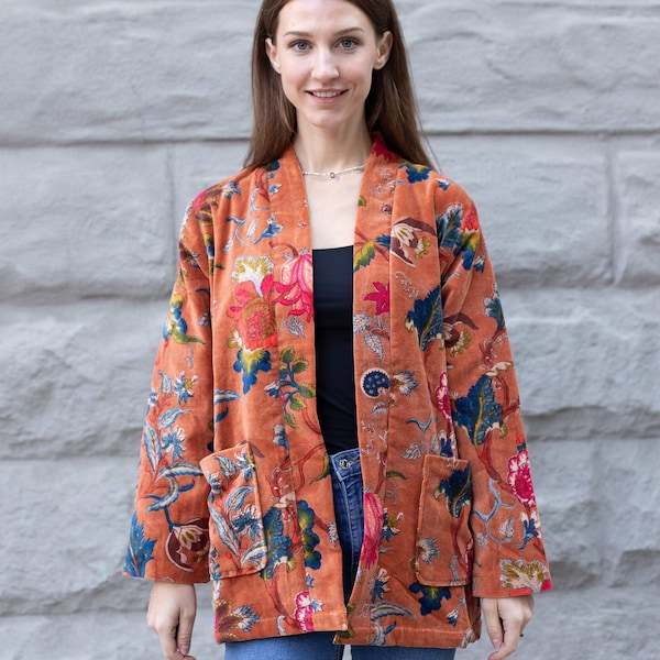 Velvet Short Jacket Kimono Cardigan japanese floral print jacket
