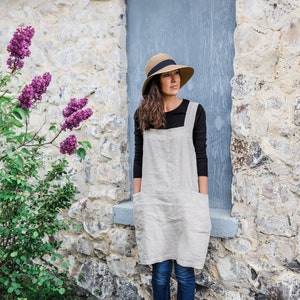 Linen apron pinafore japanese style , criss cross pinafore garden apron washed linen mom gift , apron pinafore square cross linen dress Natural
