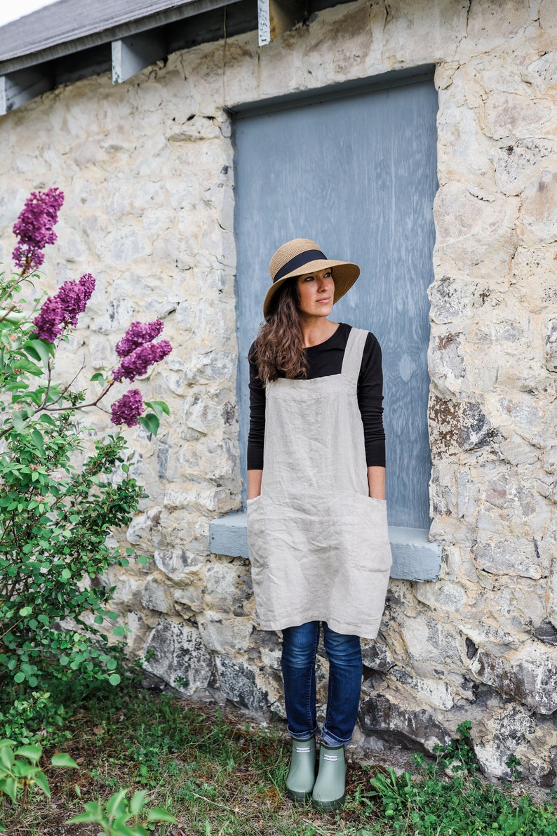 Linen apron pinafore japanese style , criss cross pinafore garden apron washed linen mom gift , apron pinafore square cross linen dress Natural