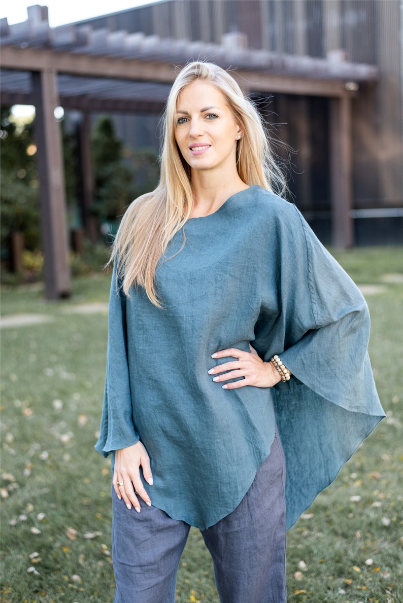 Linen Poncho, Linen Wrap, One Size, Linen Clothing, Fall Linen Apparel image 2