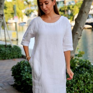 Linen dress boho , Linen 3/4 Sleeve Tunic Dress , Tunic with pockets , Linen Dress , linen maternity dress linen clothing White