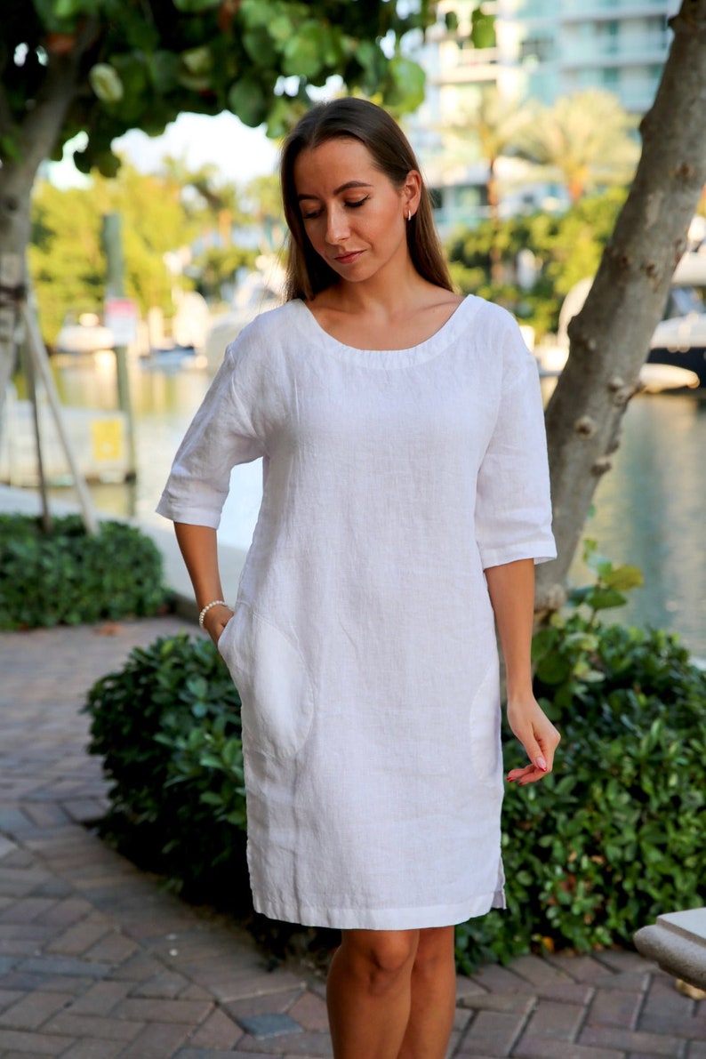 Linen dress boho , Linen 3/4 Sleeve Tunic Dress , Tunic with pockets , Linen Dress , linen maternity dress linen clothing White