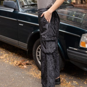 Velvet Cargo Pants black Techwear Hippie Wide Leg Pants Streetwear baggy pants image 7