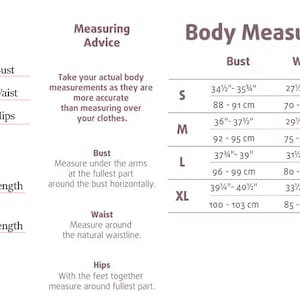 May include: Diagram illustrating body measurements for clothing sizes. Includes bust, waist, and hip measurements in inches and centimeters, along with instructions on how to measure. Sizes range from S to XL.