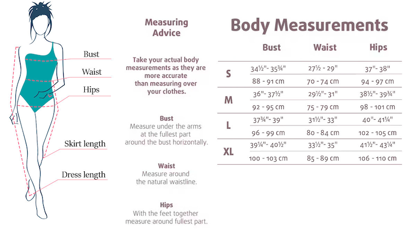 May include: Diagram illustrating body measurements for clothing sizes. Includes bust, waist, and hip measurements in inches and centimeters, along with instructions on how to measure. Sizes range from S to XL.