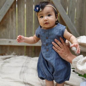 Linen Romper 1st Birthday Outfit baby shower gift Bodysuits baby girl gift Baby girl newborn romper Chambray denim