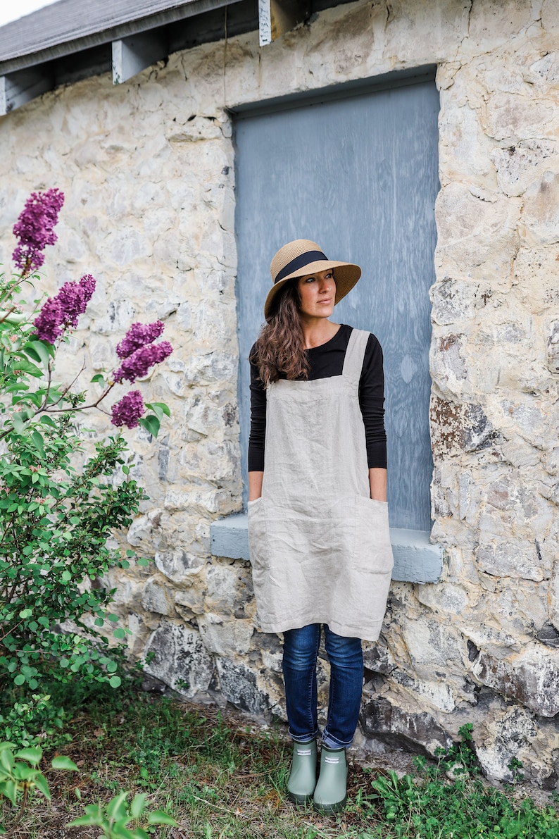 Linen apron , plus size pinafore linen pinafore apron garden gifts for mom , washed linen plus size pinafore dress , magic kitchen linen Natural