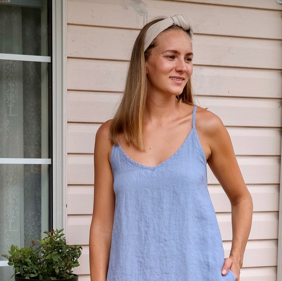 Blue Linen Cami Dress Minimalist , Summer Dress Linen Sleepwear