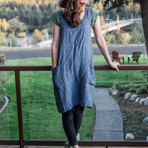 Linen apron , plus size pinafore linen pinafore apron garden gifts for mom , washed linen plus size pinafore dress , magic kitchen linen Chambray/Charcoal