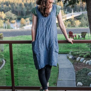 Linen apron , plus size pinafore linen pinafore apron garden gifts for mom , washed linen plus size pinafore dress , magic kitchen linen Chambray/Charcoal