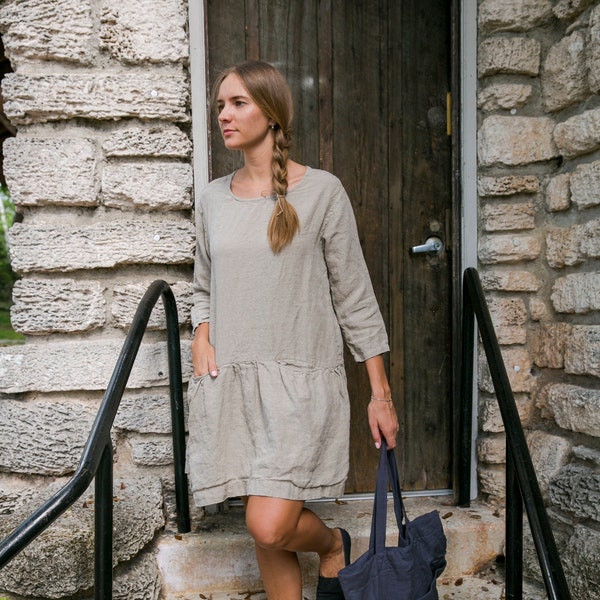 Linen dress clothing for women organic , boho dress , loose linen dress , charcoal gray linen dress