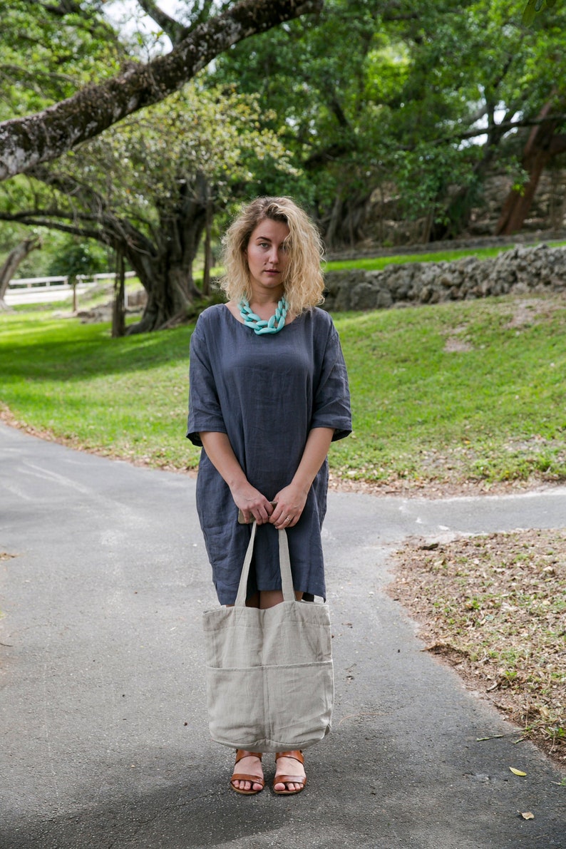 Linen Dress , boho mini dress linen 3/4 Sleeve Tunic Dress , Tunic with pockets , Linen Dress , Women washed linen clothing , boho clothing Charcoal