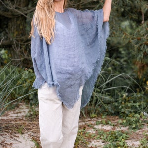 Linen poncho , poncho linen top , sheer poncho , natural linen gauze poncho , one size linen shirt , over sized blouse gauze linen image 3