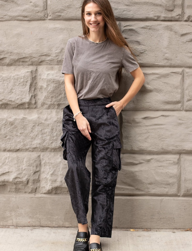 Velvet Cargo Pants black Techwear Hippie Wide Leg Pants Streetwear baggy pants image 1