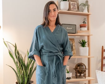 Linen robe  women kimono bathrobe mom to be gift , linen dressing gown pregnancy gift  linen robe , plus size linen