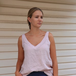 Dusty rose tank top , linen top boho clothing women , withe linen top V-Neck
