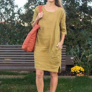 Linen dress boho , Linen 3/4 Sleeve Tunic Dress , Tunic with pockets , Linen Dress , linen maternity dress linen clothing image 4