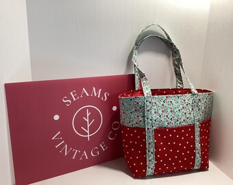 Handmade Cotton Tote Bag with Exterior Pockets Floral and Polka Dot Print