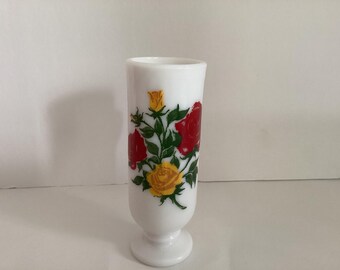 Vintage Avon Milk glass with Red and Yellow Roses Mug Handled Bud Vase