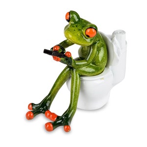 Frosch mit Handy auf Toilette aus Kunststein, handbemalt witzige Badezimmerdeko Bild 2