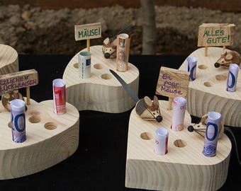 Corazón con UN ratón e inscripción de madera como regalo en efectivo para bodas, cumpleaños, Pascua y otras ocasiones