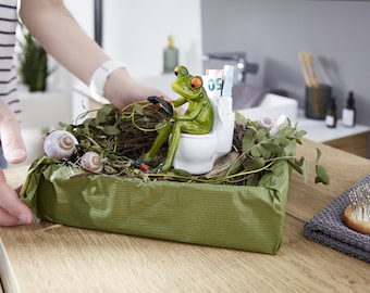 Frosch mit Handy auf Toilette aus Kunststein, handbemalt - witzige Badezimmerdeko