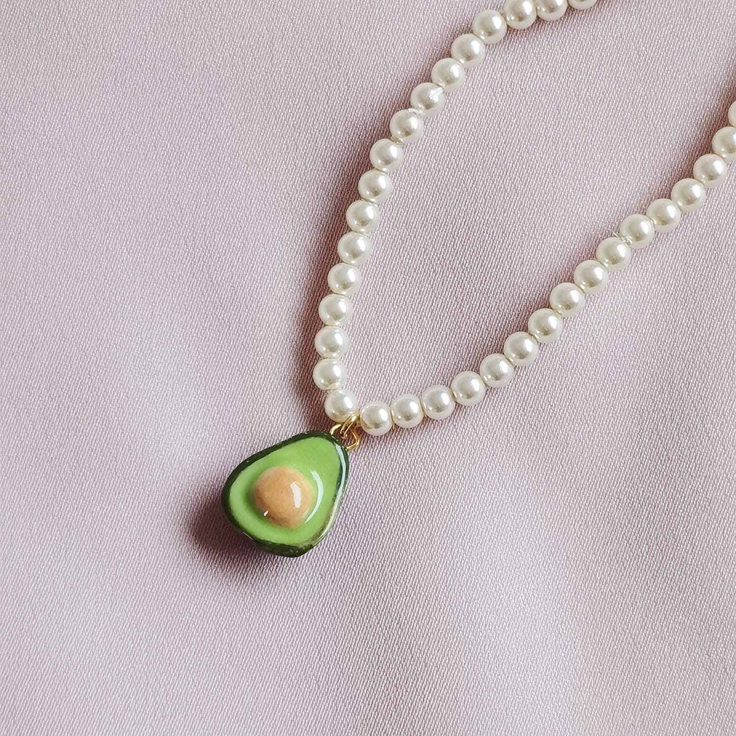 Handmade Porcelain Avocado Necklace: Swarovski Pearl, Gold-plated 