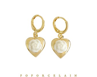 Mini Camellia Heart Locket Earrings SKU: E_040 porcelain jewellery; wedding and bridal jewellery; everyday jewellery