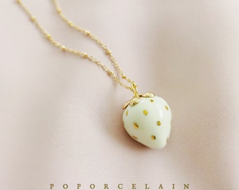 Golden White Porcelain Strawberry Necklace SKU: N_020W porcelain jewellery; wedding and bridal jewellery; everyday jewellery