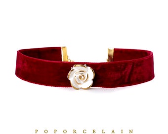Golden White Cloud Rose Red velvet Choker N_019R porcelain jewelry; vintage, modern vintage, rose, handmade, Victoria, gothic