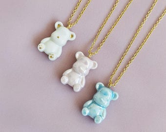 Porcelain Teddy Bear Necklace: Handmade Ceramic Animal Jewelry