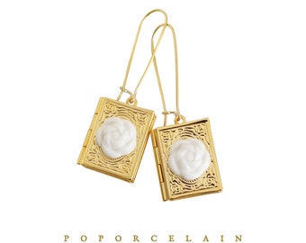 Porcelain Camellia Book Locket Earrings SKU: E_016U porcelain jewellery; wedding and bridal jewellery; everyday jewellery