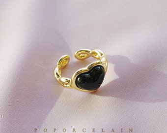 Bague tressée coeur noir en porcelaine SKU : R_010B bijoux de mariée de mariage ; cadeau pour elle, future mariée, cadeau de demoiselles d’honneur