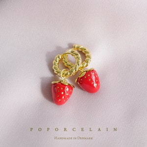 Mini Red Porcelain Strawberry Hoop Earrings SKU: E_049R porcelain jewelry; fruity; fun earrings; handmade; quirky