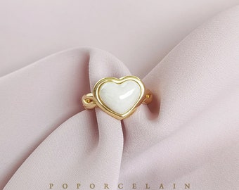 Bague tressée coeur blanc nacré en porcelaine SKU : R_010W bijoux de mariée de mariage ; cadeau pour elle, future mariée, cadeau de demoiselles d’honneur