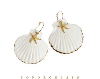 Golden Edge Clam Shell With Starfish Hoop Earrings; E_034 porcelain jewelry, seashell, shell earrings, statement earrings, handmade earring