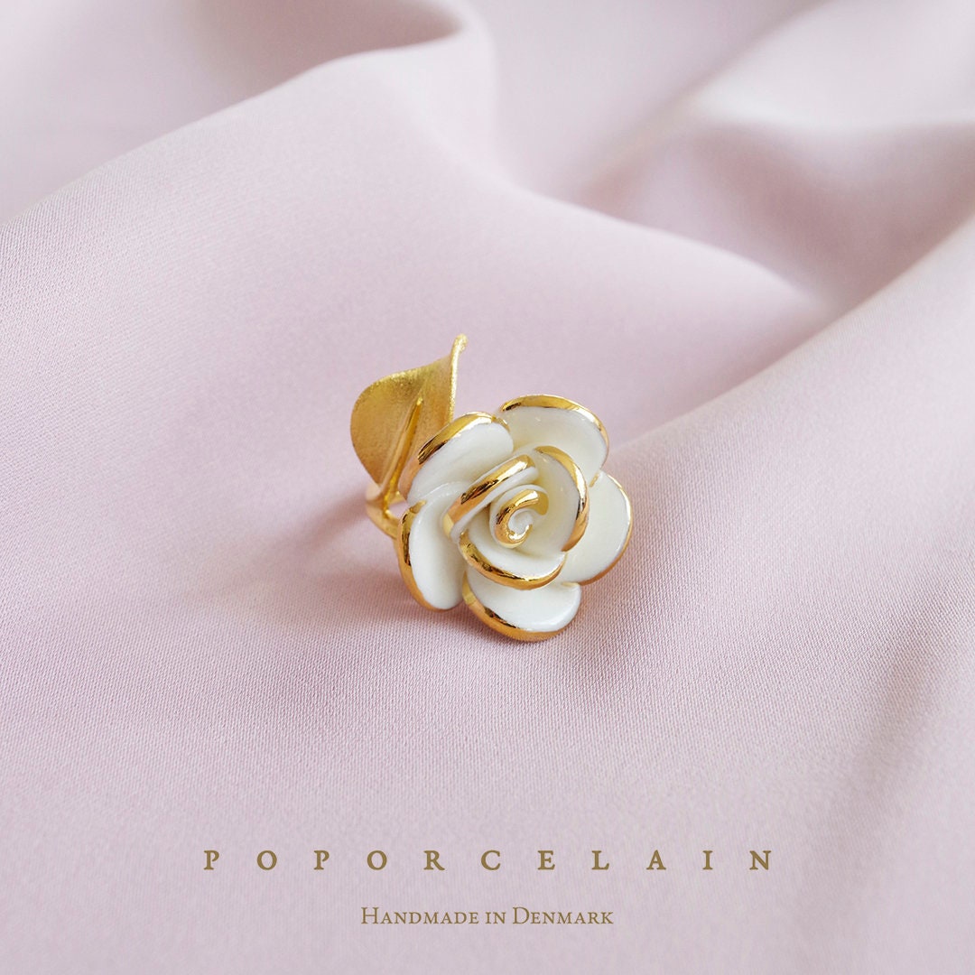 Handmade Porcelain Rose Ring: Gold Vermeil Silver Leaves - Etsy