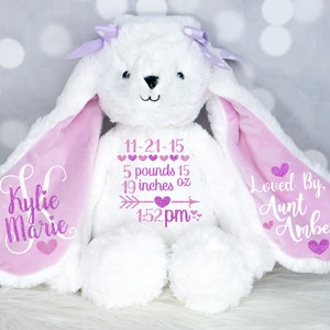 Monogrammed Bunny Baby Girls Birth Stat Bunny Birth Announcement Stuffed Animal Newborn Gift Personalized Bunny Personalized Plush
