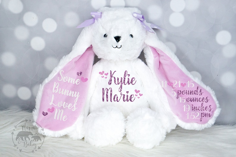 Monogrammed Bunny Baby Girls Birth Stat Bunny Birth Announcement Stuffed Animal Newborn Gift Personalized Bunny Personalized Plush