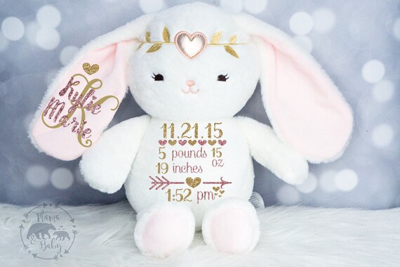 Monogrammed Bunny Baby Girls Birth Stat Bunny Birth Announcement Stuffed Animal Newborn Gift Personalized Bunny Personalized Plush