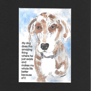 May include: Watercolor painting of a dog with brown and white fur, a black nose, and expressive brown eyes. The dog is set against a light blue background. Text reads: "My dog does this amazing thing where he just exists and makes my whole life better because of it."