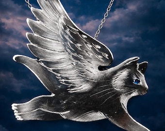 Sterling Silver Angel Cat Pendant Charm with Natural Sapphire Winged Kitty 925 Handmade Artisan Jewelry