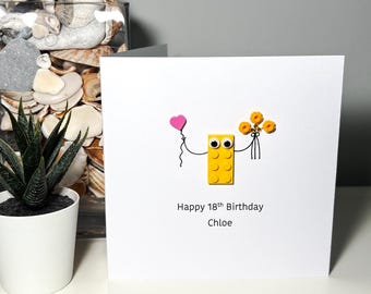 lego birthday card - Lego brick pieces flowers card - handmade - can be personalised