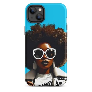 Brown Skin Girl, Black lips, Black afro with white sunglasses, Blue Tough Case For iPhone®
