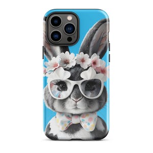 Cute Rabbit Bunny Phone Case Whimsical Watercolor Floral Tough Case for iPhone With Sunglasses